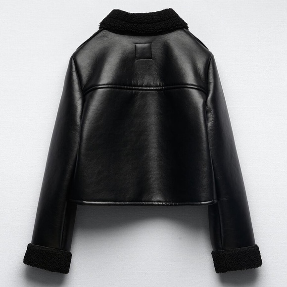 Zara Double Faced Leather Style and Sherpa Trim Jacket in Black - Picture 2 of 13